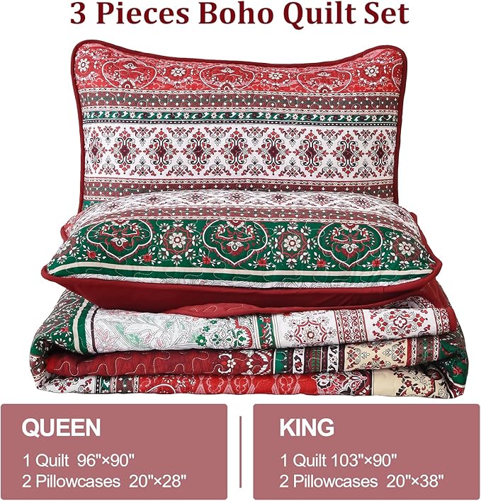 WONGS BEDDING Boho King Quilt Set, Red Bohemian Quilt Bedding Set, Lightweight Bed Decor Bedspread for All Season Reversible Microfiber Coverlet Bedding Set 103"x90"(3 Pieces)