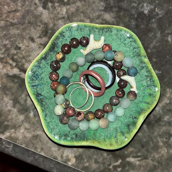2Pcs Ceramic Jewelry Dish - Lotus Leaf Shape, for Ring Holder Necklace Small Key, Suitable for Mother Friend Sister, Gifts for Women, Cute Plate Trinket Tray, Home Decor (Emerald Green-2PCS)