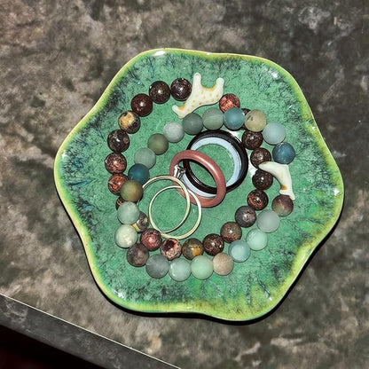 2Pcs Ceramic Jewelry Dish - Lotus Leaf Shape, for Ring Holder Necklace Small Key, Suitable for Mother Friend Sister, Gifts for Women, Cute Plate Trinket Tray, Home Decor (Crystal Green & Light Blue)