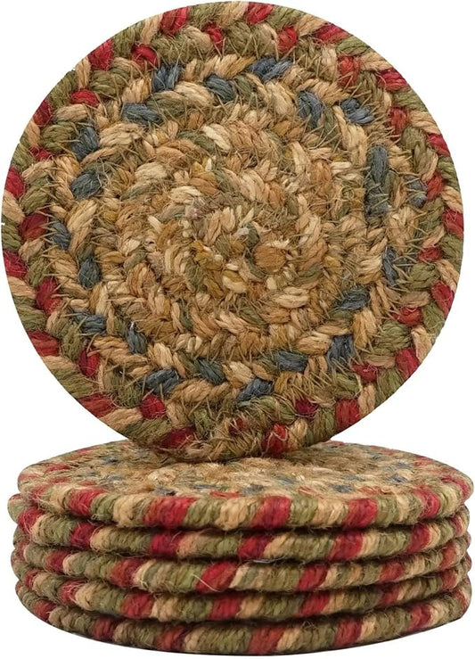 Homespice Azalea Jute Woven Coasters 4", Warm Country Primitive Decor, Set of 6, Multicolor - Durable, Absorbs Moisture, Easy to Clean and Protects Furniture