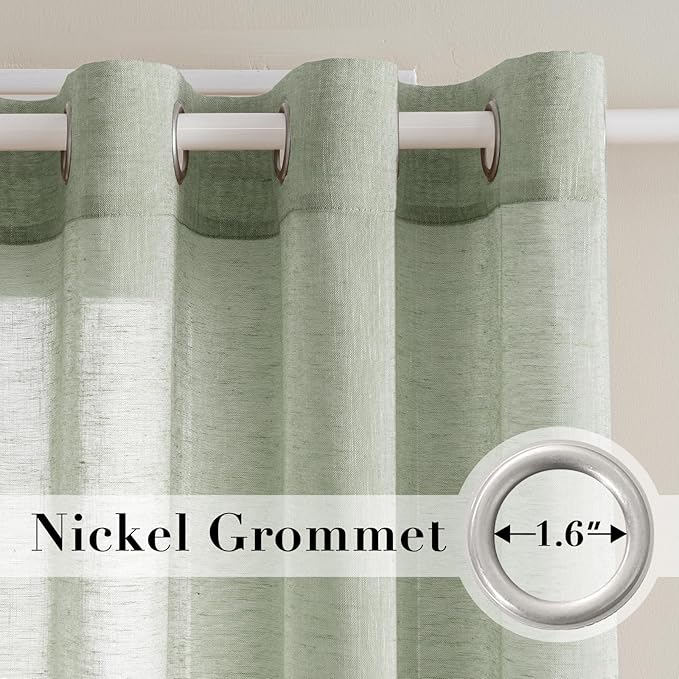 H.VERSAILTEX Linen Curtains Natural Linen Blended Curtain Panels for Living Room/Light Reducing Linen Semi Sheer Curtains 108 inch Length 2 Panels Set Nickel Grommet Window Panels, Sage