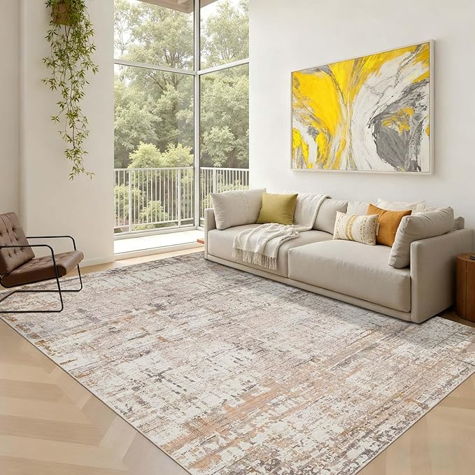 5x7 Area Rugs for Bedroom Living Room,Non-Slip Washable Modern Neutral Abstract Rugs for Dining Room, Foldable Thin Indoor Carpet Stain Resistant(Beige Grey)