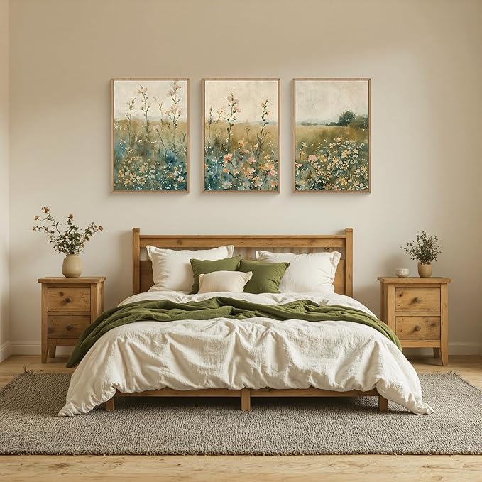 HLNIUC Vintage Watercolor Wildflower Landscape 3 Piece Wall Art Framed, Large Retro Floral Wall Decor(16x24), Nature Wilderness Farmhouse Rustic Field Canvas Painting for Living Room, Bedroom, Office