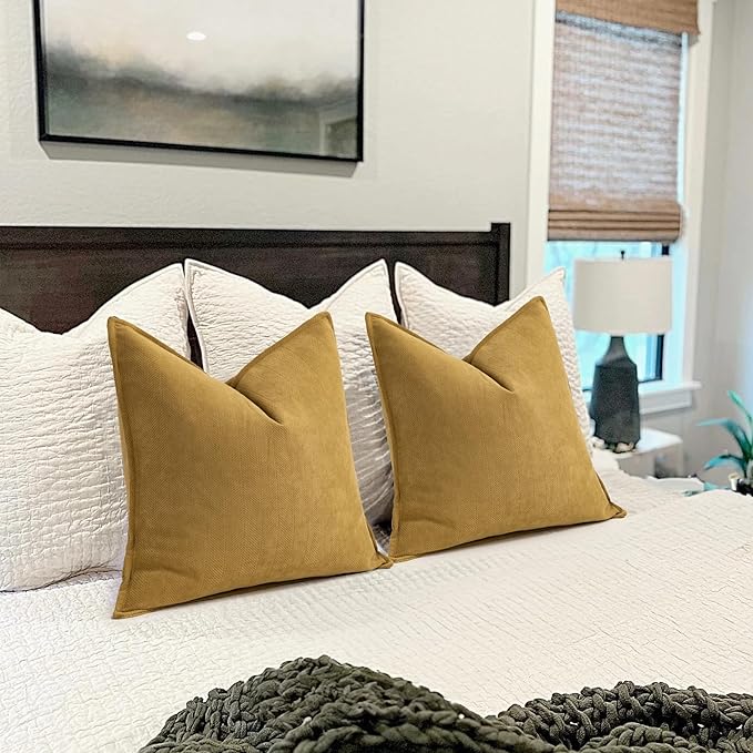 ZWJD Mustard Yellow Throw Pillow Covers 20x20 Set of 2 Chenille Pillow Covers with Elegant Design Soft and Luxurious Decorative Throw Pillows for Couch, Bed, and Home Decor