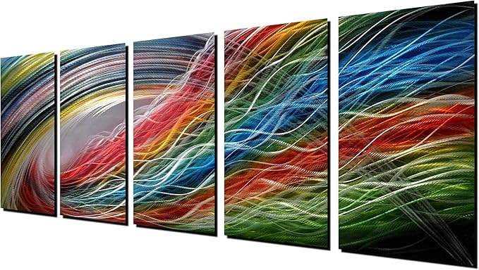Panel Metal Wall Art with Colorful Wave Lines Design, Abstract Modern and Contemporary Décor, Unique Metal Wall Sculpture, Silver Aluminum Artwork, Indoor and Outdoor decoration, 5 panels 64"x24"
