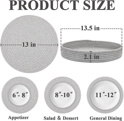 Round Placemats Set of 6 with Holder, Cotton Rope Woven Place Mats, Hot Pads for Kitchen, Heat Resistant Table Mats, 13 Inch Farmhouse Washable Braided Placemat for Kitchen Decor (Gray)