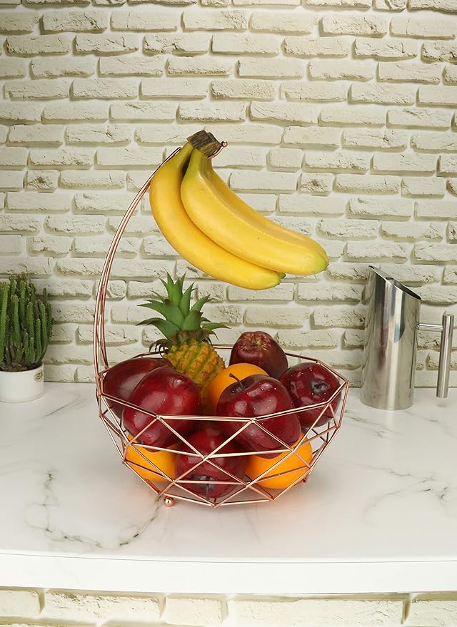 ROSYLINE fruit basket with banana hanger, fruit bowl, multi-functional kitchen and living room storage fruit and vegetable basket, banana hanger can be dismantled (rose gold)