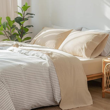 MooMee Bedding Sheet Set 100% Washed Cotton Linen Like Textured Breathable Durable Soft Comfy (Solid Sandy Beige, Queen)