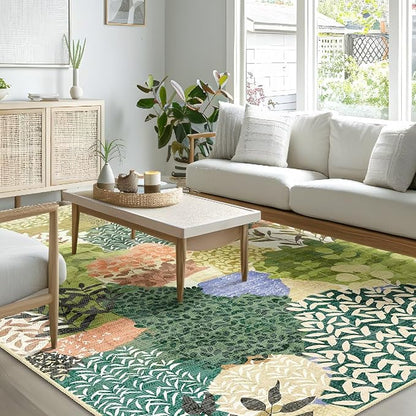 DEXDE Area Rugs for Living Room 4x6.5, Washable Non Slip Boho Rugs Throw Carpet for Bedroom Bedside Dorm Dining Room Indoor Soft Floral Home Decor, Green