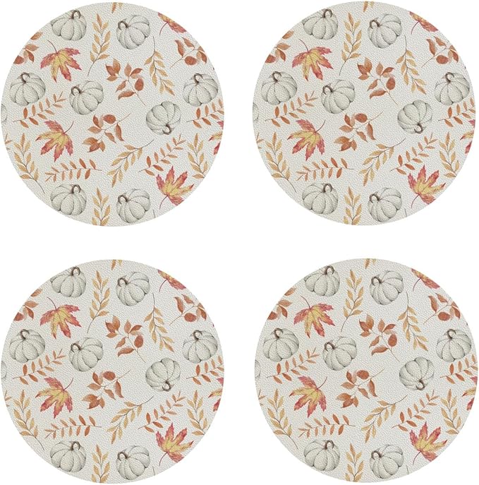 Fall Pumpkin and Leaves Coaster Set of 4 Autumn Cup Coasters for Drinks Thanksgiving Waterproof Wipeable PVC Round Coasters Mat for Coffee Beer Wine Outdoor Patio Table Bar Desk Seasonal Desk Decor