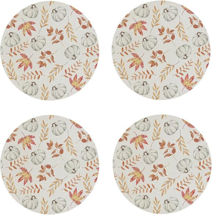 Fall Pumpkin and Leaves Coaster Set of 4 Autumn Cup Coasters for Drinks Thanksgiving Waterproof Wipeable PVC Round Coasters Mat for Coffee Beer Wine Outdoor Patio Table Bar Desk Seasonal Desk Decor