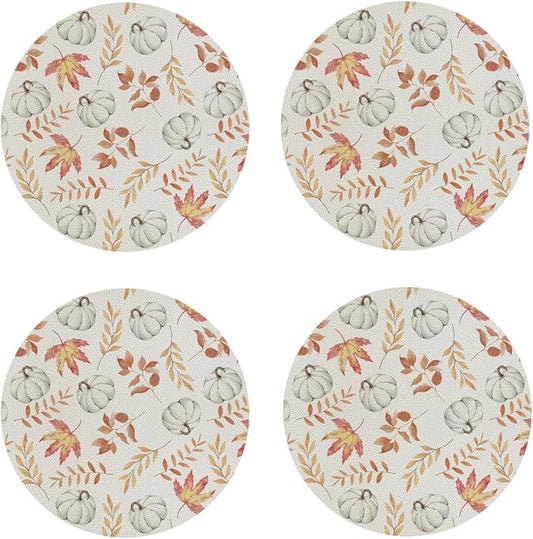 Fall Pumpkin and Leaves Coaster Set of 4 Autumn Cup Coasters for Drinks Thanksgiving Waterproof Wipeable PVC Round Coasters Mat for Coffee Beer Wine Outdoor Patio Table Bar Desk Seasonal Desk Decor