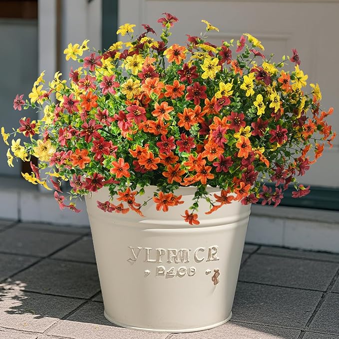 Artificial Flowers for Outdoors Fake Plants Spring Home Decoration, 12 Bundles Realistic Faux Flower Daisy with Eucalyptus Stem UV Resistant for Patio Planter Porch Yard (Yellow Brown Orange)