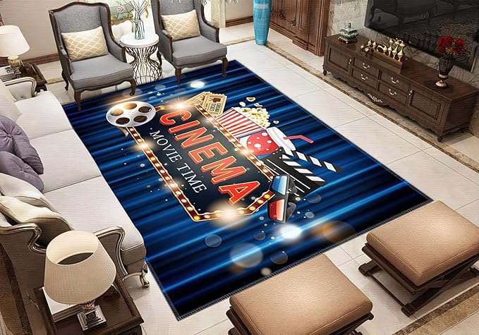 Blue Home Theater Cinema Area Rug, Movie Starts Non Slip Easy Care Throw Large Area Rugs, Breathable Durable Carpet for Indoor Bedroom Living Room Office Decor Rug - 4 ft x 6 ft