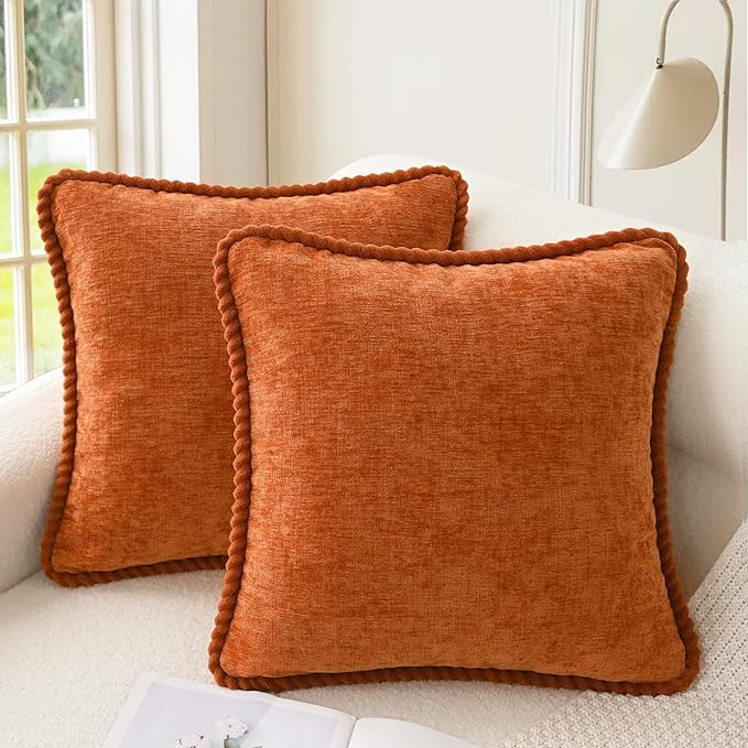 CaliTime Fall Decorative Couch Throw Pillow Covers 18 X 18 Inches Pack of 2 Cozy Chenille Piping Edge Cushion Cases for Sofa Bed Living Room Home Burnt Orange