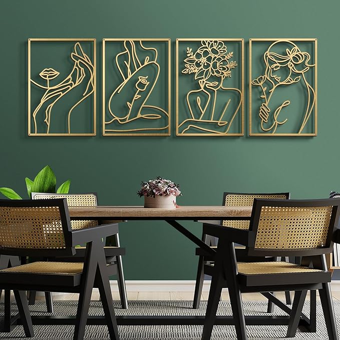 Bakovity Gold Metal Wall Art, Abstract Flower Line Sculpture, Gold Minimalist Modern Wall Decor for Living Room, Bedroom, Bathroom (4 Pieces, 22.5 x 15.7 Inches)