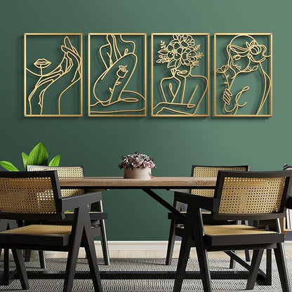 Bakovity Gold Metal Wall Art, Abstract Flower Line Sculpture, Gold Minimalist Modern Wall Decor for Living Room, Bedroom, Bathroom (4 Pieces, 22.5 x 15.7 Inches)