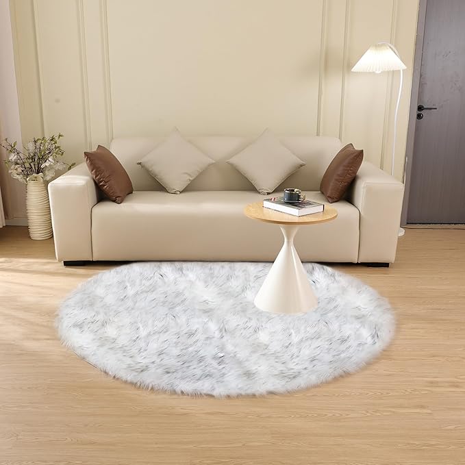 White and Grey Round Rugs 6ft Circle Furry Rug for Living Room Washable Shag Faux Sheepskin Fluffy Fur Rugs for Bedroom Nursery Rug