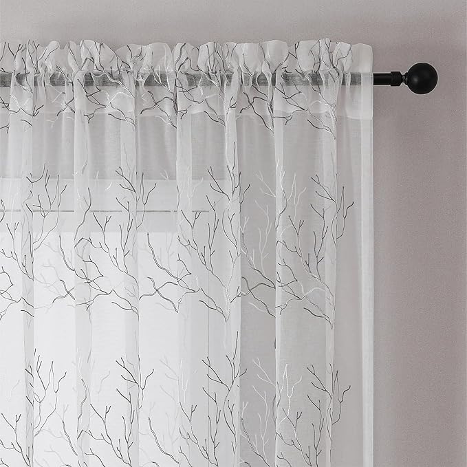 VISIONTEX White Sheer Curtains 108 inch Length 2 Panels Set Decorative Grey Coral Embroidery Rod Pocket Embroidered Semi Sheer Window Drapes for Living Room and Bedroom 54 x 108 Inches