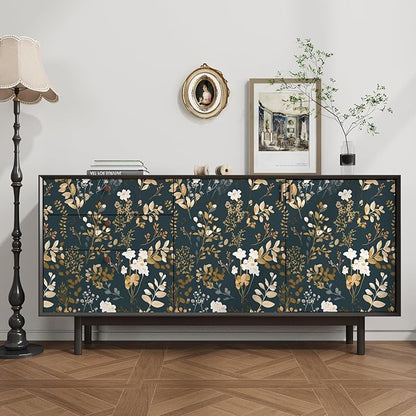 Navy Floral Wallpaper Peel and Stick Boho Wallpaper Vintage Blue/Gold Leaf Contact Paper Waterproof Self Adhesive Modern Wall Paper for Cabinet Walls Kitchen 17.5in x118in