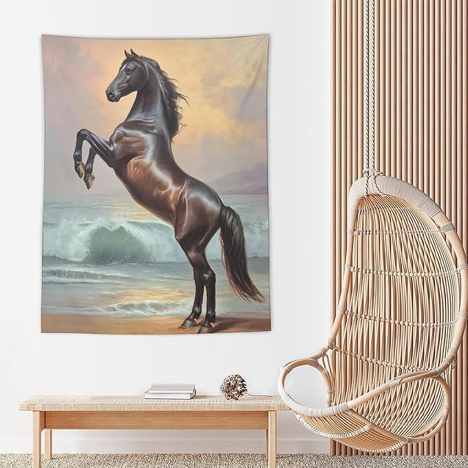 JYOUQOC Horse Animal Stands On The Beach Tapestry Flag Backdrop Wall Hanging Large Wall Art Decor for Dorm Office Bedroom Living Room 60"×80"
