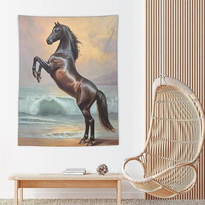 JYOUQOC Horse Animal Stands On The Beach Tapestry Flag Backdrop Wall Hanging Large Wall Art Decor for Dorm Office Bedroom Living Room 60"×80"