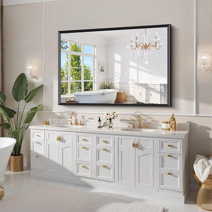 Black Bathroom Mirror 60 x 40 Inch Rectangle Wave Beveled Frame for Wall Bathroom Vanity Mirror for Over Sink, Tempered Glass,for Entryway Hangs, Bathroom Living Room Horizontal or Vertical