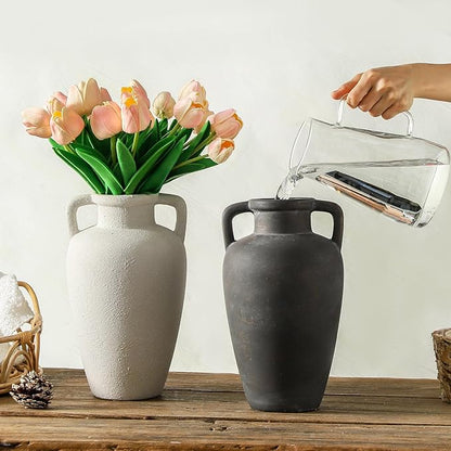 Ceramic Flower Vase with Handles, 11 inch Tall Vase for Centerpieces, Large Decorative Terracotta Vases, Farmhouse Rustic Vases for Home Decor, Living Room, Table, Neutral