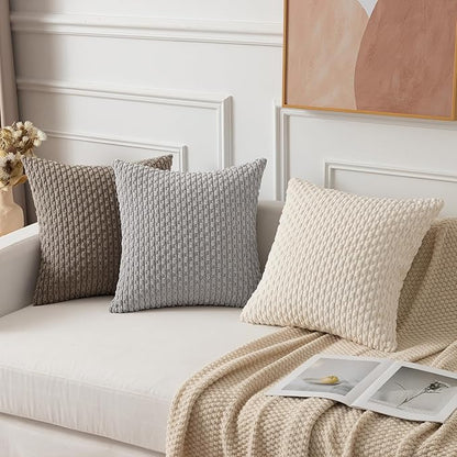 Kevin Textile Decorative Throw Pillow Covers Corduroy Square Boho Cushion Cover with Stripes Cases for Bedroom Sofa Living Room Couch Set of 2 18x18 Inch Light Grey