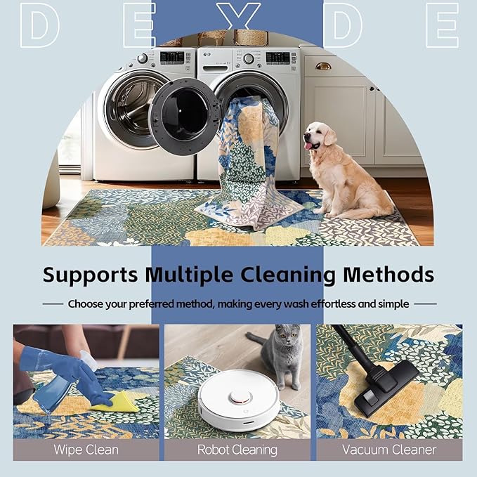 DEXDE Runner Rug 2x8 Washable Hallway Boho Soft Area Rugs Abstract Long Non Slip Leaves Floral Vintage Floor Carpet for Entryway Kitchen Laundry Bathroom Bedroom,Blue
