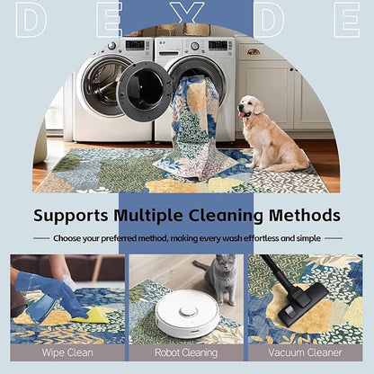 DEXDE Washable Area Rugs 6x9 for Living Room, Floral Large Rug Boho Print Vintage Low Pile Non Slip Carpet for Bedroom Kids Room Nursery Office Dinning Room,Blue