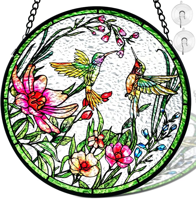 Remiawy Stained Glass Window Hanging Hummingbird Window Suncatcher 8 Inch Glass Panel with Metal Chain and Hooks Sun Catchers Indoor Wall Art Home Decor Gift for Bird Lovers Women Mother's Day