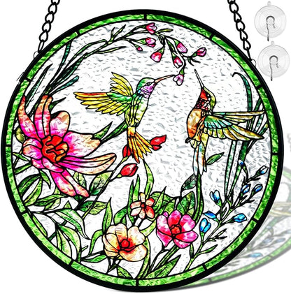 Remiawy Stained Glass Window Hanging Hummingbird Window Suncatcher 8 Inch Glass Panel with Metal Chain and Hooks Sun Catchers Indoor Wall Art Home Decor Gift for Bird Lovers Women Mother's Day