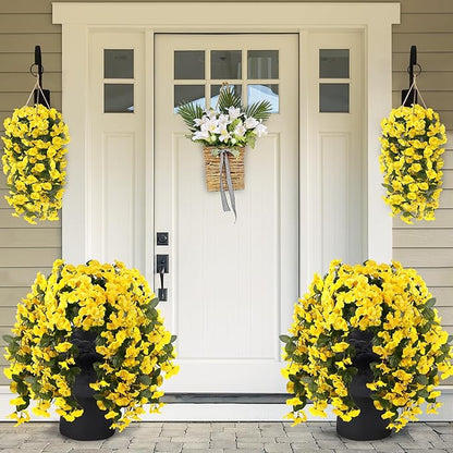 Sggvecsy Artificial Fake Hanging Flowers Plants for Outdoor Outside Spring Summer Decoration 2PCS Faux Silk UV Resistant Realistic Morning Glory Trailing Vines for Home Porch Patio Balcony(Yellow)