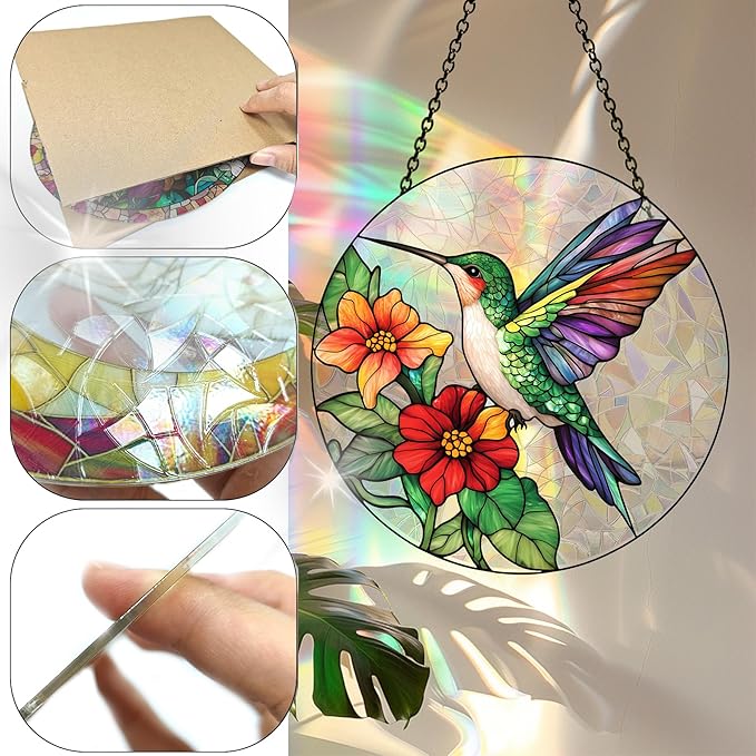 Bimkole Hummingbird Sun Catchers Indoor Window - Flowers Acrylic Suncatcher Hanging Decoration for Living Room Bedroom Summer Home Balcony Outdoor Garden Ornaments Decoration 7.8x7.8 Inch