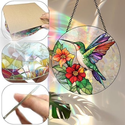 Bimkole Hummingbird Sun Catchers Indoor Window - Flowers Acrylic Suncatcher Hanging Decoration for Living Room Bedroom Summer Home Balcony Outdoor Garden Ornaments Decoration 7.8x7.8 Inch