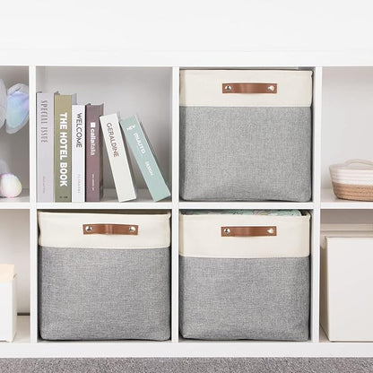HNZIGE Storage Foldable Storage Baskets Cubes Set(3 Pack) Fabric Bins for Shelves,13 Inch Storage Basket for Organizing with Leather Handles for Home, Toys, Clothes,Closet Storage(White&Gray)