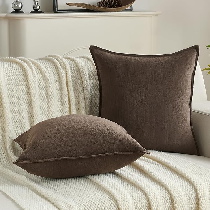 FUTEI Dark Coffee Chenille Throw Pillow Covers 22x22 Inch Set of 2,Edges Double-Stitched Cushion Cases,Modern Home Decor for Couch Living Room