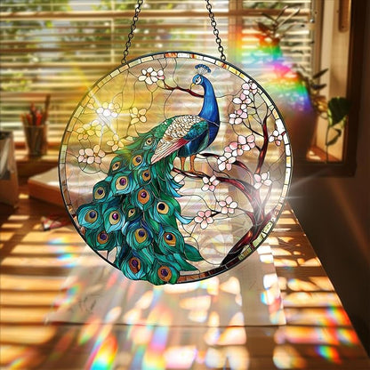 Bimkole Peacock Sun Catchers Indoor Window - Animals Acrylic Suncatcher Hanging Decoration for Living Room Bedroom Summer Home Balcony Outdoor Garden Ornaments Decoration 7.8x7.8 Inch