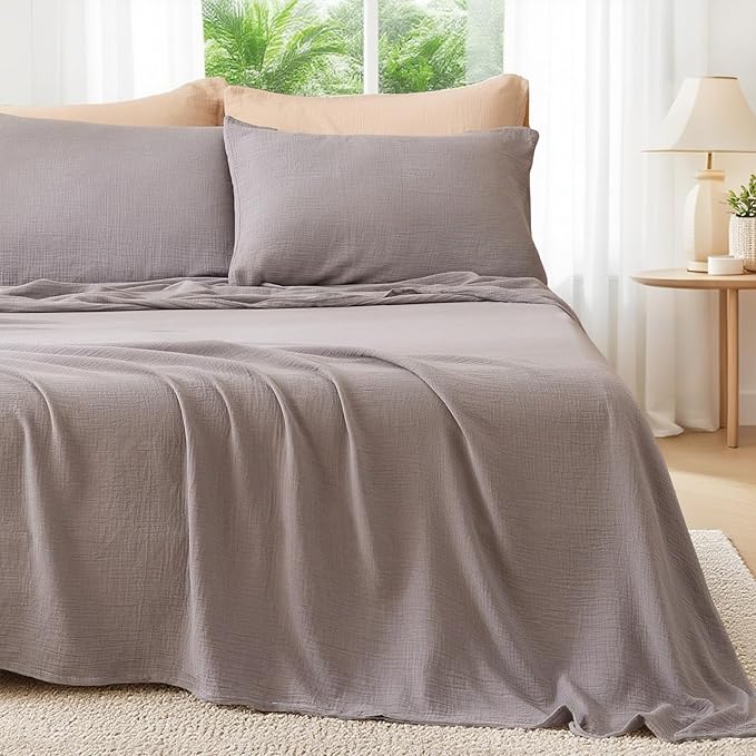 Queen Sheet Set Cotton Bed Sheets Gauze 4 Pcs Grey Queen Sheets Set 16" Deep Pocket Sheet & Pillowcase Sets Boho Muslin Queen Sheets Soft Queen Bedding Sets for All Season