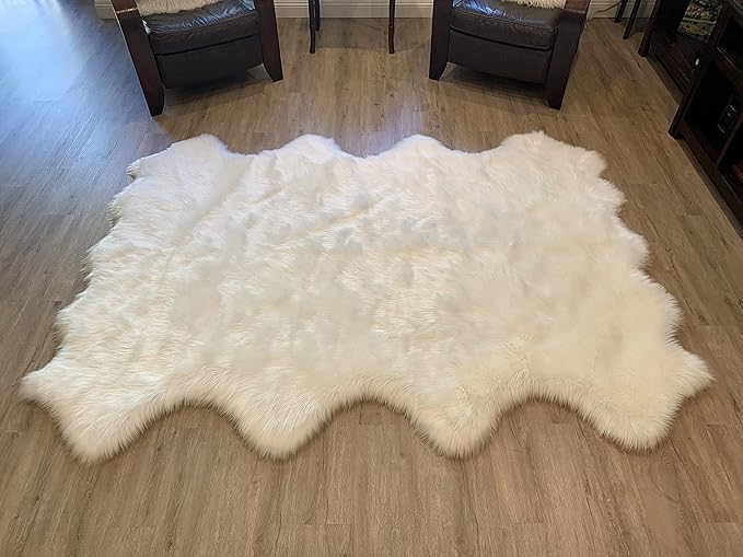 LAMBZY Faux Sheepskin Super Soft Hypoallergenic Silky Shag Rug for Living Room, Kids Room, Sofa (Octo 8 Pelts 6'x8', White)