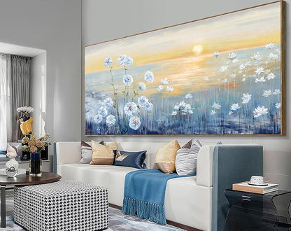 Nicetop Oversized Ocean Sunset Framed Wall Art for Living Room Extra Large Coastal Beach White Flowers Canvas Print Blue Sea Natural Scenery Picture Calm Warm Seaside Artwork for Home Office 86x39inch