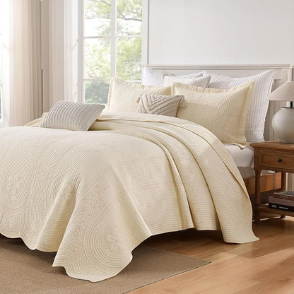 MarCielo 100% Cotton Quilt Set Lightweight Bedspread with Scalloped Edge, Farmhouse Vintage Bedding, All Season Use(Tu Beige,Queen (96"x102"))