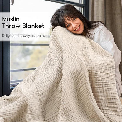 Yoofoss Muslin Blanket 100% Organic Cotton Throw Large 90" x 108" for Bed Couch Summer Gauze Blanket for Adults Lightweight and Breathable Apricot White
