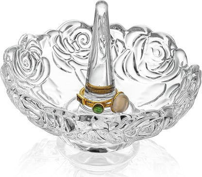 H&D HYALINE & DORA 4”Clear Crystal Ring Holder,Round Glass Ring Dish,Jewelry Rack Ring Holder for Wedding,Jewelry Display Gifts for Mom Wife Girlfriend