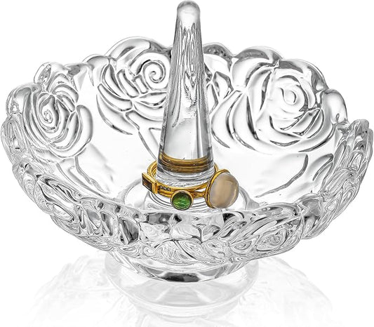H&D HYALINE & DORA 4”Clear Crystal Ring Holder,Round Glass Ring Dish,Jewelry Rack Ring Holder for Wedding,Jewelry Display Gifts for Mom Wife Girlfriend