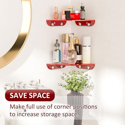 Sezanrpt 7x7 Inch Corner Shelf Wall Mount Set of 2, Red Acrylic Corner Floating Shelves, Corner Wall Organizer Shelf for Bathroom, Kitchen, Bedroom, Living Room, Dining Room, Office
