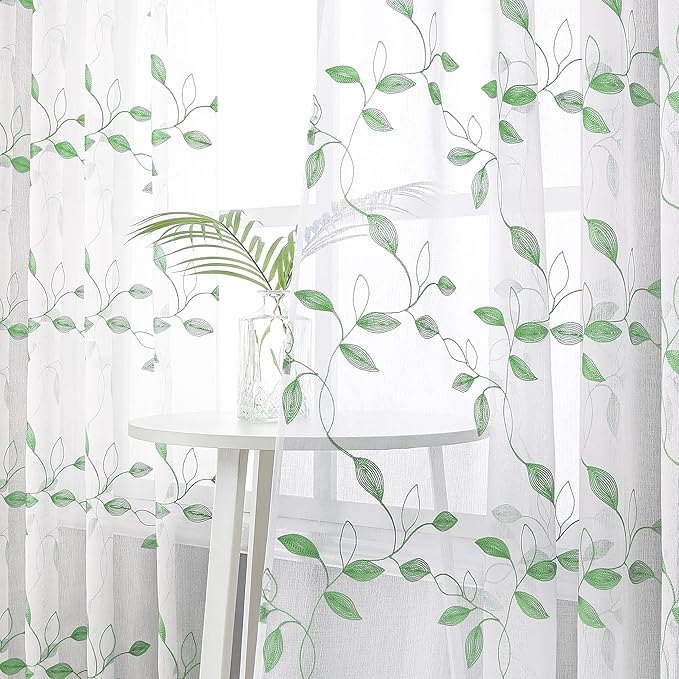 Tollpiz Green Leaf Sheer Curtains Leaves Embroidered Living Room Curtain Rod Pocket Voile Window Treatments for Bedroom, 54 x 63 inches Long, Set of 2 Panels