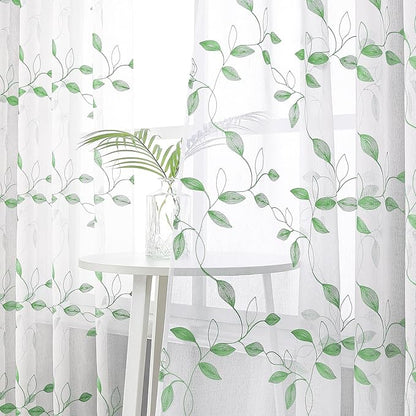 Tollpiz Green Leaf Sheer Curtains Leaves Embroidered Living Room Curtain Rod Pocket Voile Window Treatments for Bedroom, 54 x 63 inches Long, Set of 2 Panels