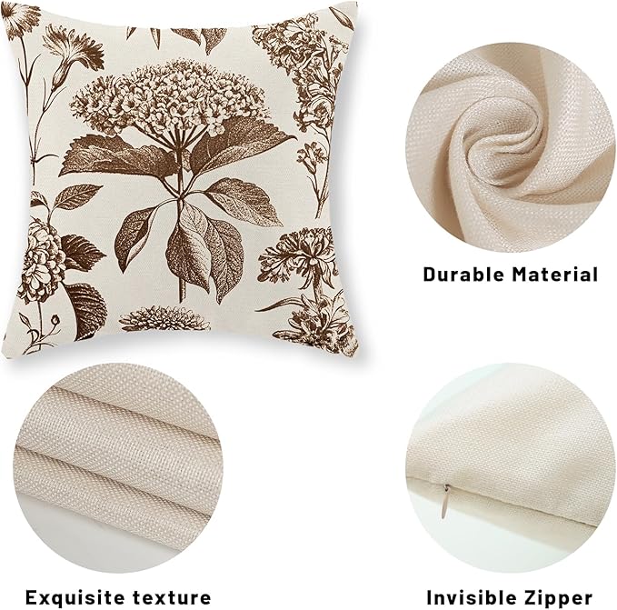 Brown Pillow Covers 20x20 Set of 2 Vintage Boho Floral Hydrangea Herbs Botanical Throw Pillow Cover Outdoor Flower Decorative Pillowcase Linen Farmhouse Cushion Case Decor for Couch Sofa